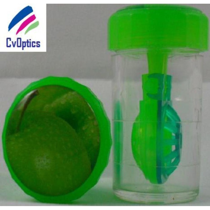 Custodia a cilindro per conservazione di lenti a contatto con frutta e mela