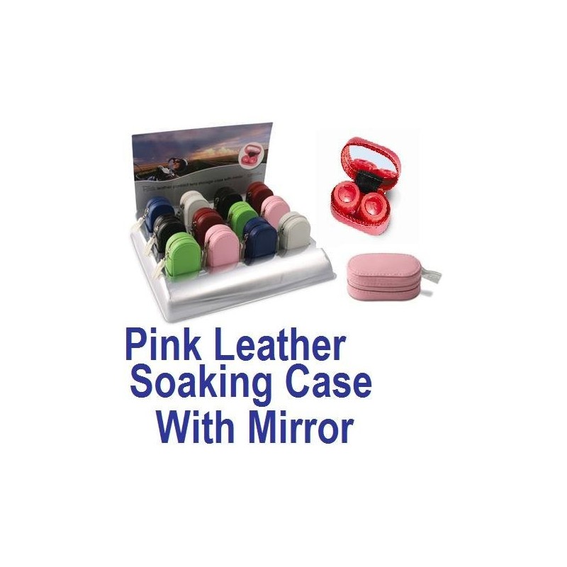 Étui de trempage pour lentilles de contact en cuir rose bébé avec miroir