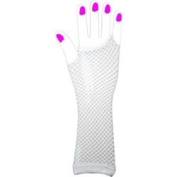 Zwei lange neonfarbene fingerlose Netzhandschuhe, Einheitsgröße – Weiß
