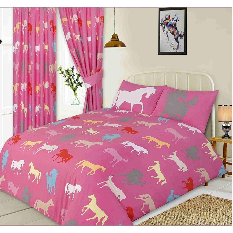 Horse Silhouette Design Pink King Size Bed Duvet Cover Bedding Set 