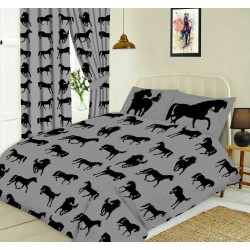 Parure de lit avec housse de couette, motif cheval noir, gris ardoise, pour lit simple