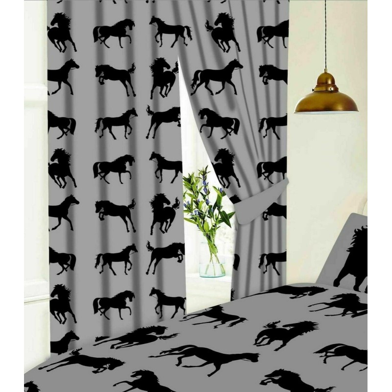 66\" x 54\" Black Horse Silhouette Design Slate Grey Pencil Pleat Curtains With Tie Backs 