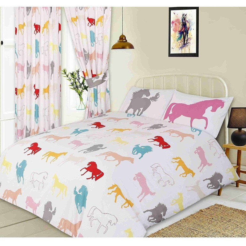 Set di biancheria da letto con copripiumino per letto singolo bianco con silhouette di cavalli colorati