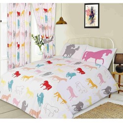 66\" x 72\" Coloured Horse Silhouette Design White Pencil Pleat Curtains With Tie Backs 