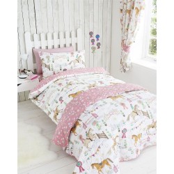 Show Jumping Pony Horse Design Pink Reverible Single Bed Duvet Cover Bedding Set 
