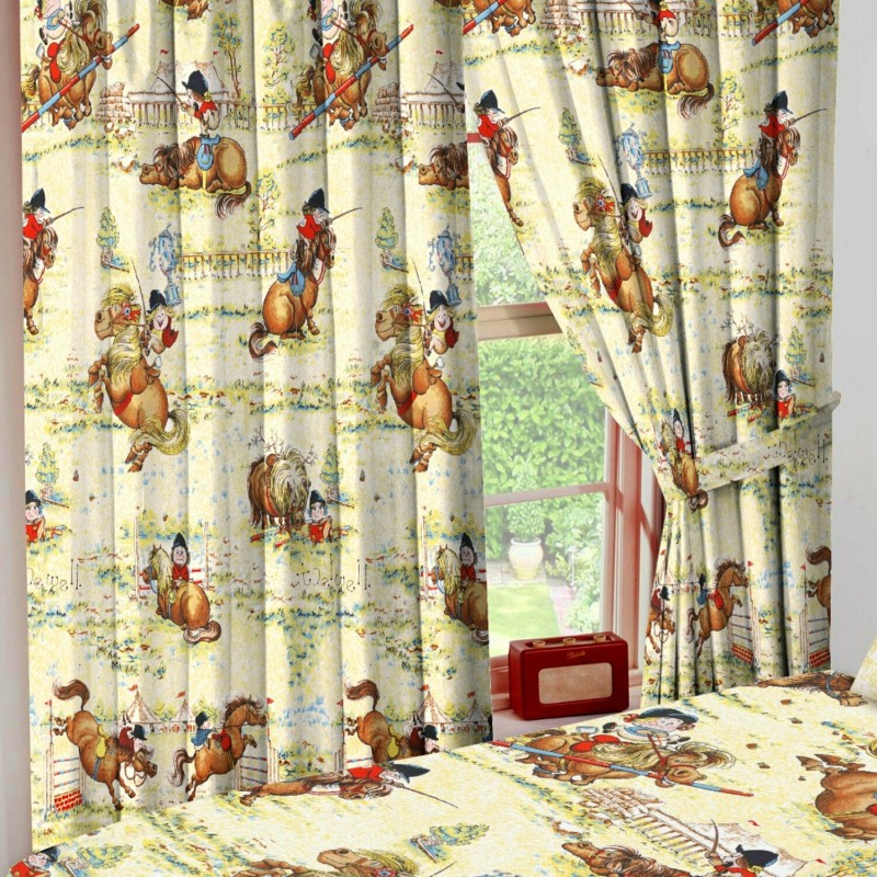 66\" x 72\" Thelwell Trophy Dressage Horse Pony Cream Unlined Pencil Pleat Curtains Tie Backs
