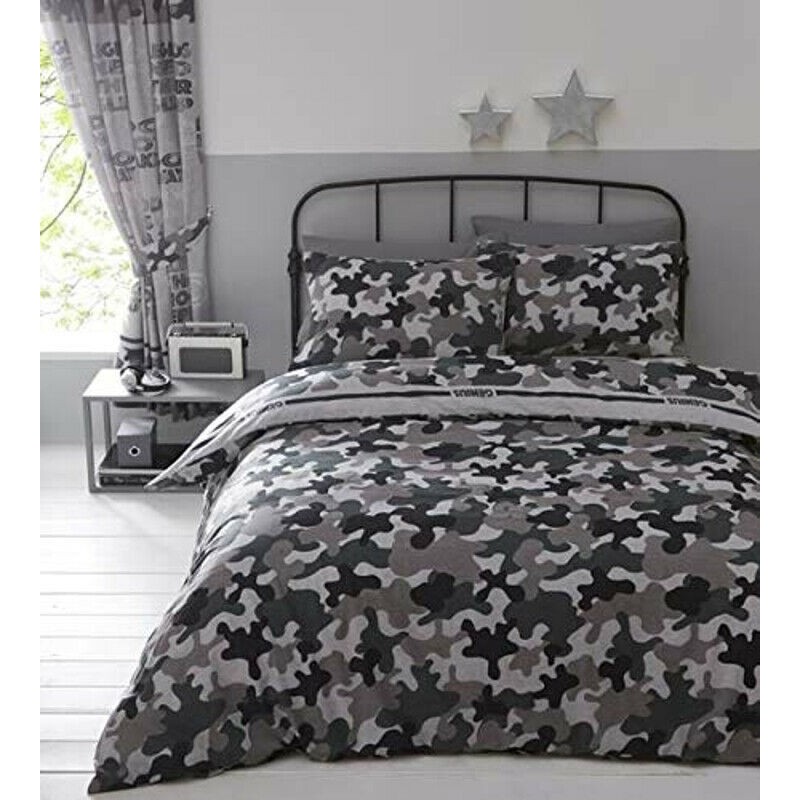 Single Size Camouflage Army Print Design Reversible Slogan Duvet Cover & Matching Pillowcase