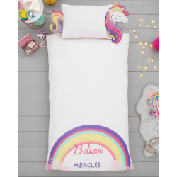 Single Size 3D Unicorn Rainbow Believe In Miracles Reversible Design Duvet Cover & Matching Pillowcase