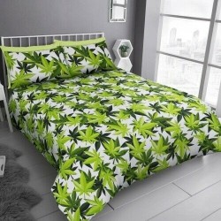Double Size Cannabis Plant Leaves Design Green & White Duvet Cover & Matching Pillowcases
