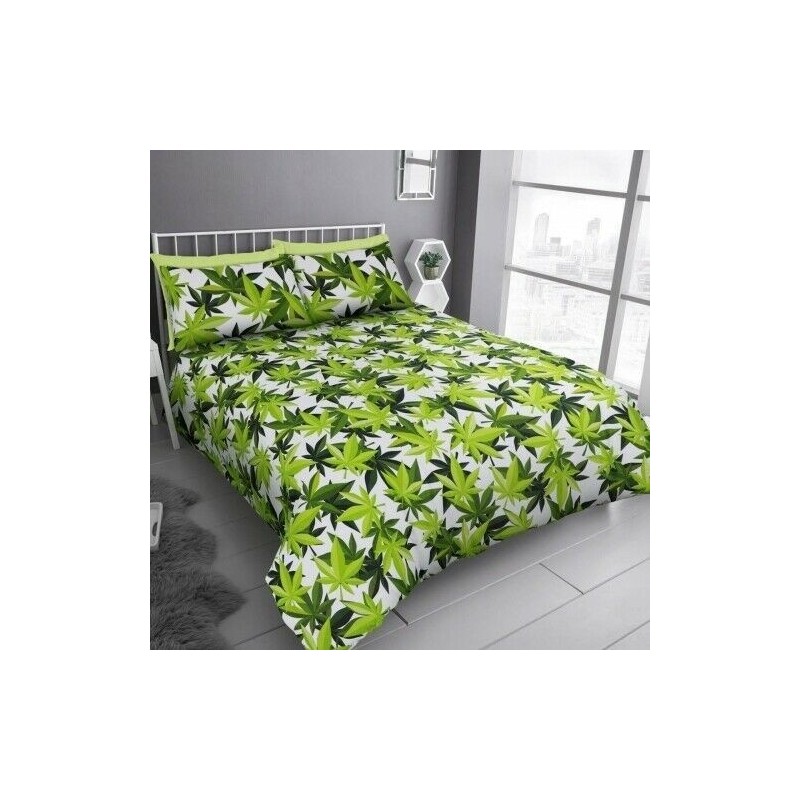 King Size Cannabis Plant Leaves Design Green & White Duvet Cover & Matching Pillowcases