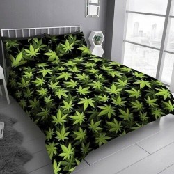 Double Size Cannabis Plant Leaves Design Green & Black Duvet Cover & Matching Pillowcases