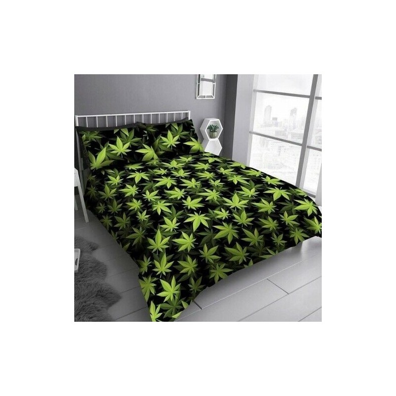 Double Size Cannabis Plant Leaves Design Green & Black Duvet Cover & Matching Pillowcases