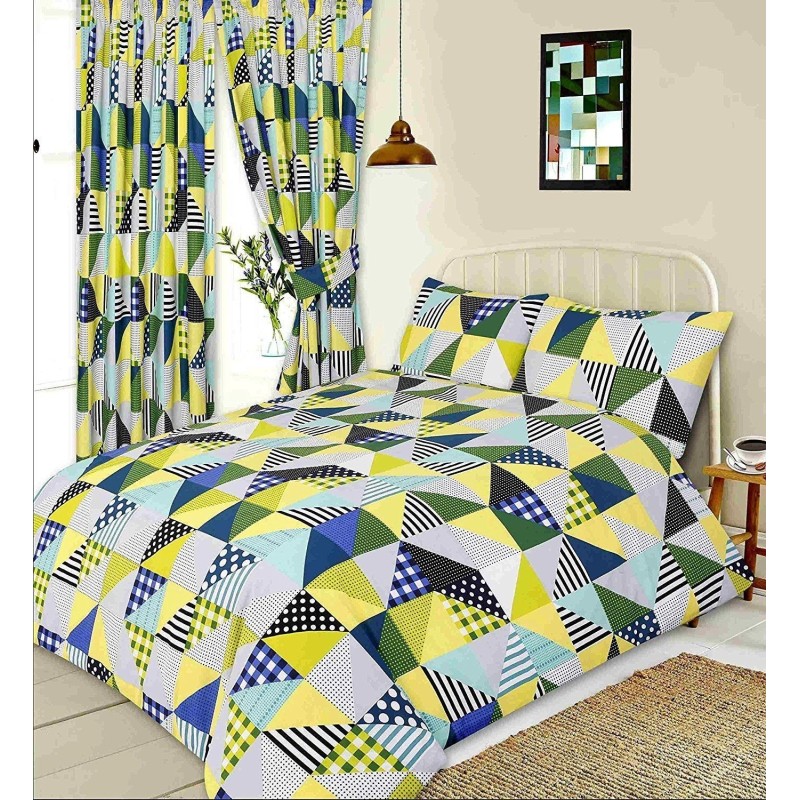 Double Size Geometric Patchwork Design Lime Green, Blue Duvet Cover & Matching Pillowcases