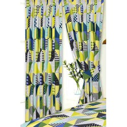 Geometric Patchwork Design Lime Green, Blue Curtains & Matching Tie Backs
