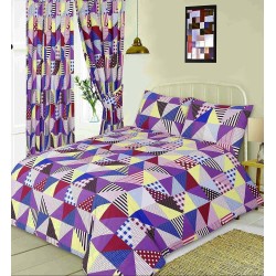Einzelbettbezug mit geometrischem Patchwork-Design in Lila, Blau und Gelb und passendem Kissenbezug