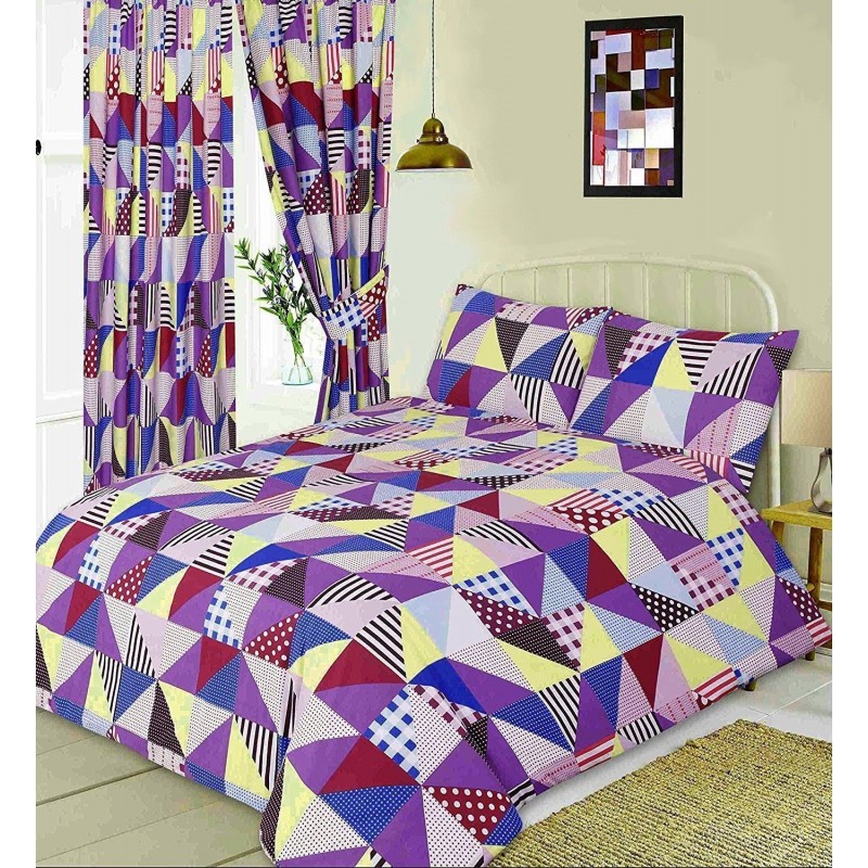 Housse de couette et taies d'oreiller assorties, motif patchwork géométrique, violet, bleu et jaune, king size